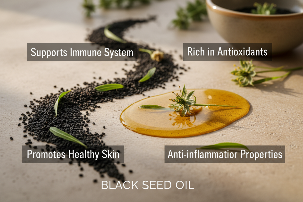 black seed oil and key benefits, don't show use any dropper bottles in picture