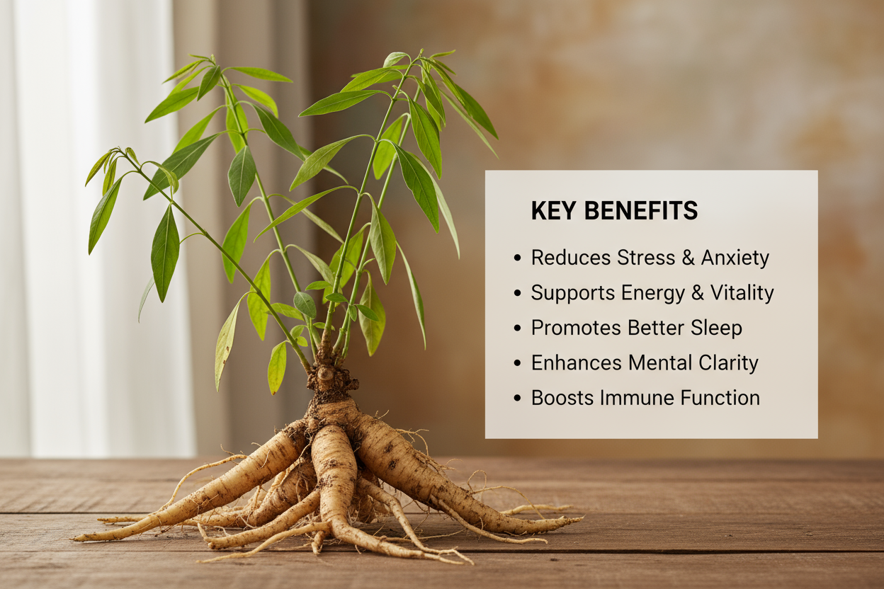 realistic ashwagandha on left and key benefits on right